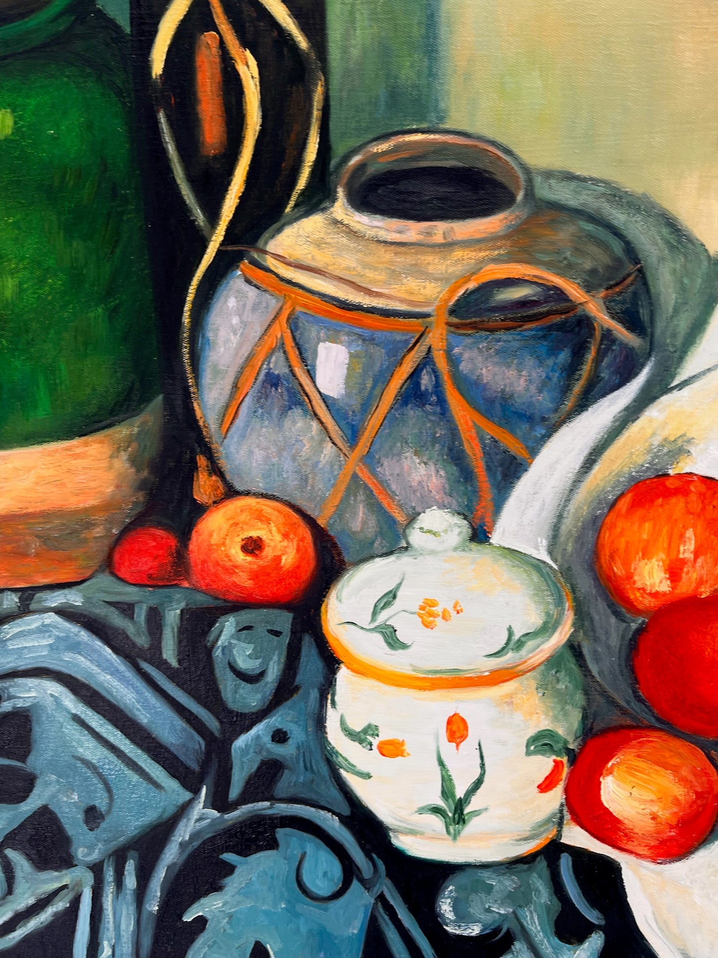 Nature morte avec fruits et bouteille verte – Peinture à l'huile post-impressionniste peinte à la main sur toile (64 × 80 cm)