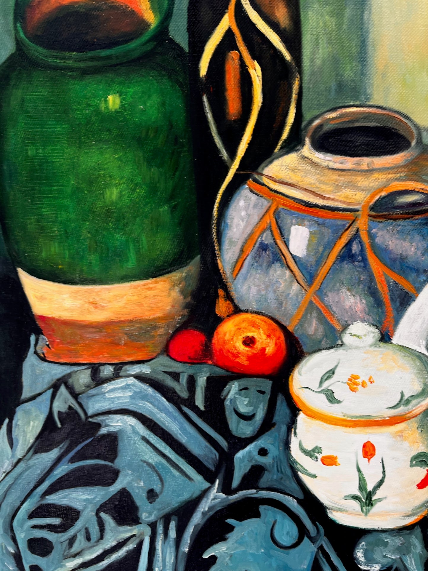 Nature morte avec fruits et bouteille verte – Peinture à l'huile post-impressionniste peinte à la main sur toile (64 × 80 cm)