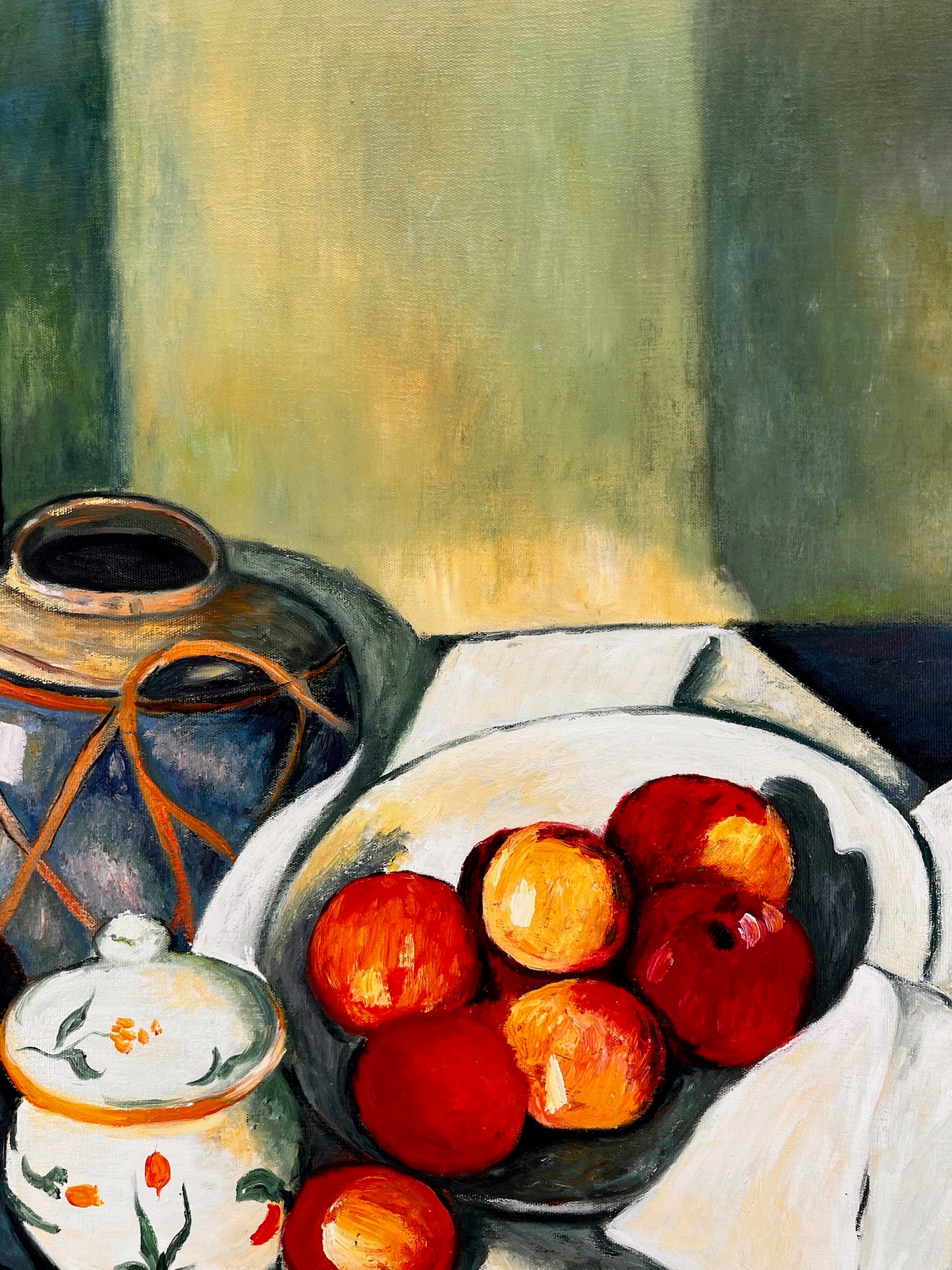 Nature morte avec fruits et bouteille verte – Peinture à l'huile post-impressionniste peinte à la main sur toile (64 × 80 cm)