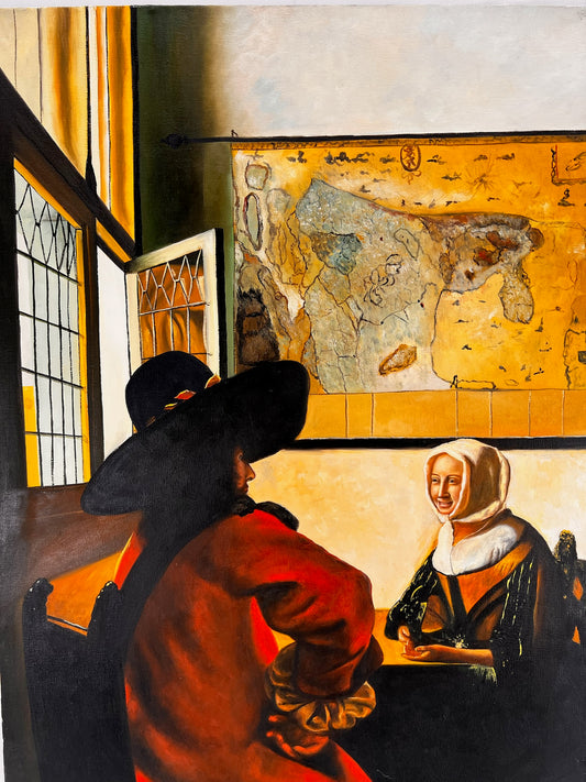 Johannes Vermeer – Soldat et fille souriante – Huile sur toile peinte à la main (60 × 80 cm)