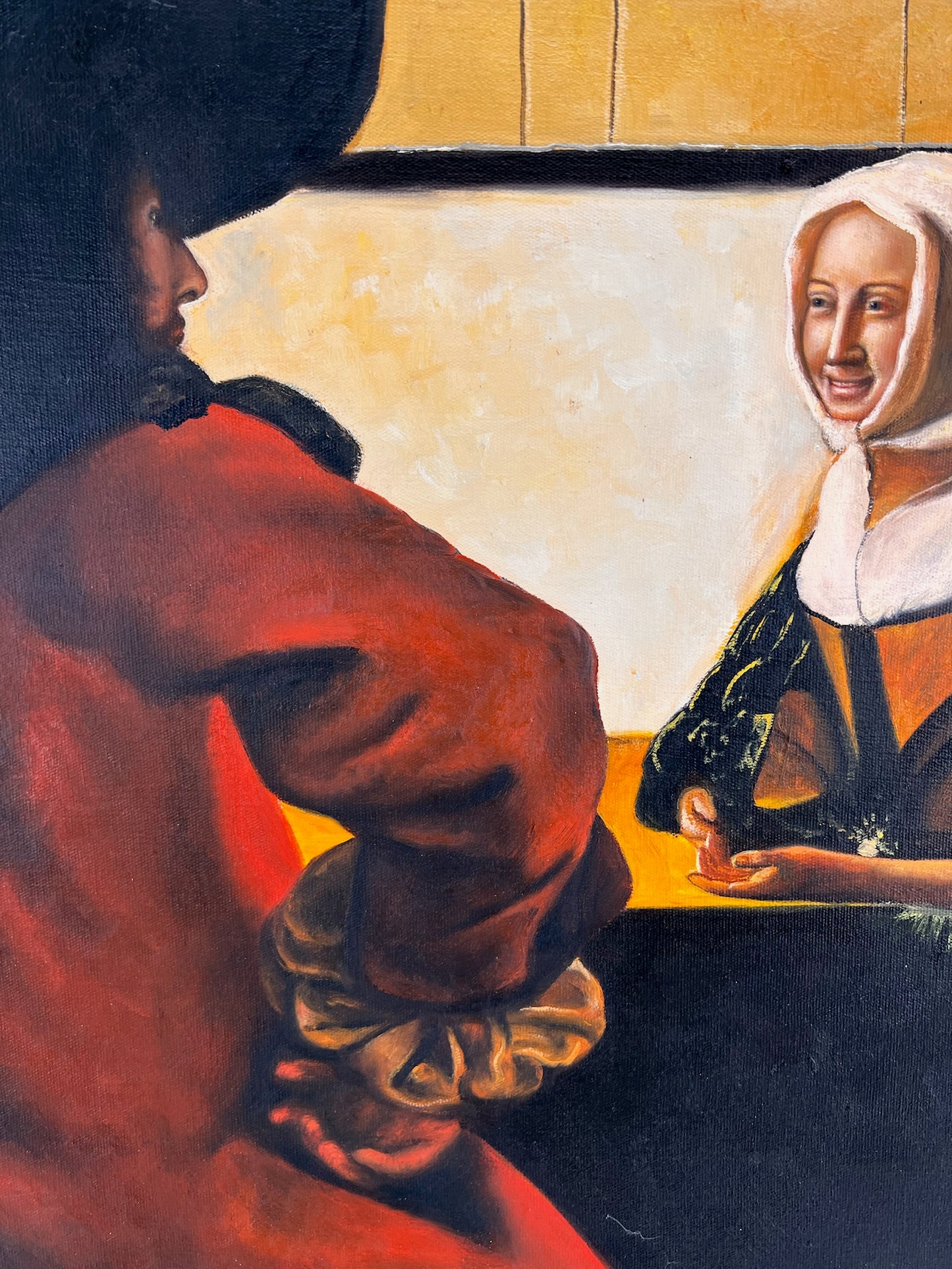 Johannes Vermeer – Soldat et fille souriante – Huile sur toile peinte à la main (60 × 80 cm)