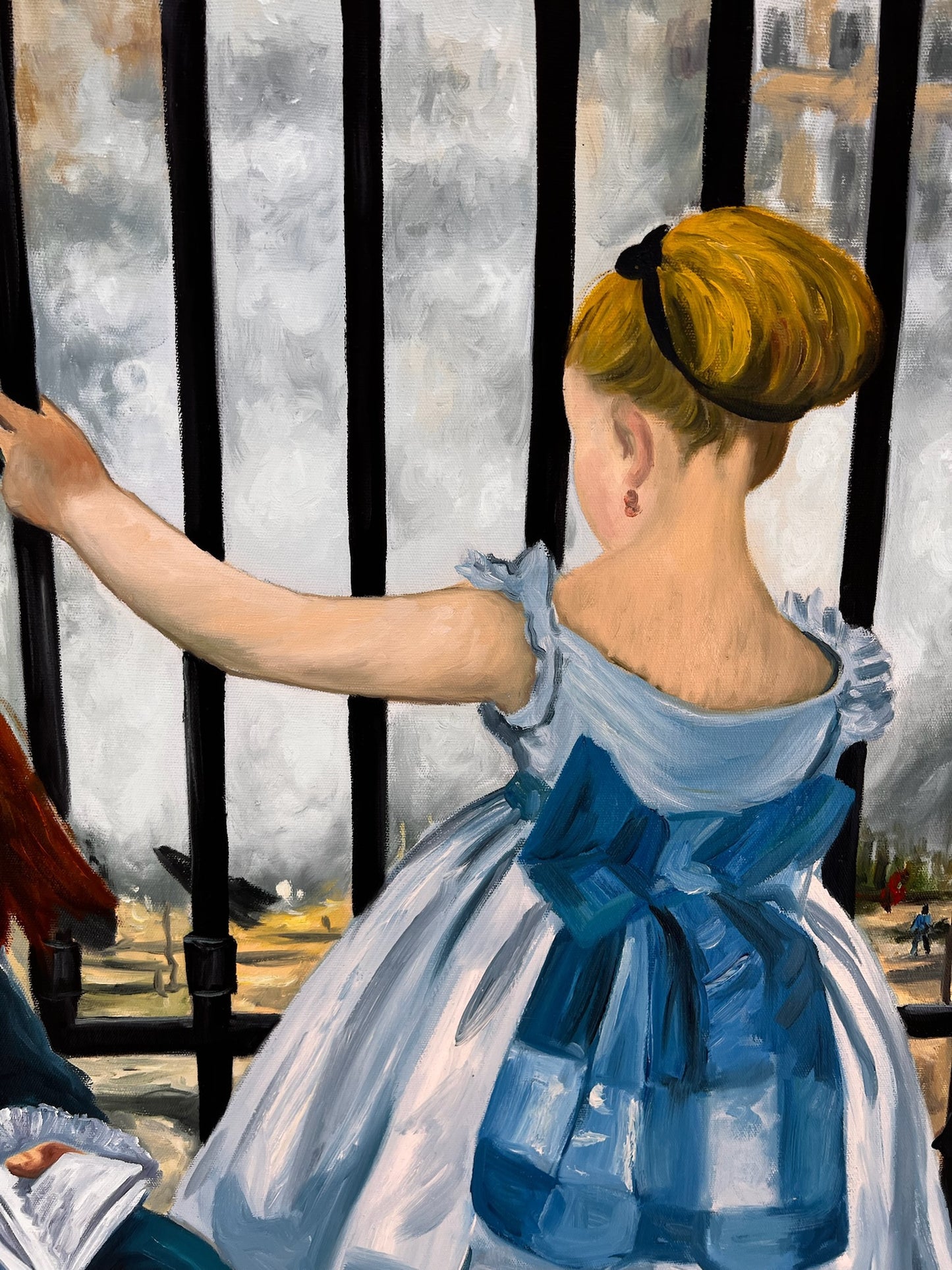 Le Chemin de fer (Manet) – Peinture à l'huile impressionniste sur toile peinte à la main (64 × 80 cm)