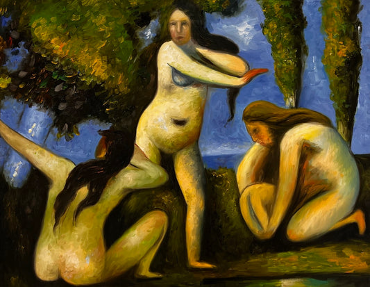 Baigneuses (d'après Paul Cézanne) – Huile sur toile post-impressionniste peinte à la main (64 × 80 cm)