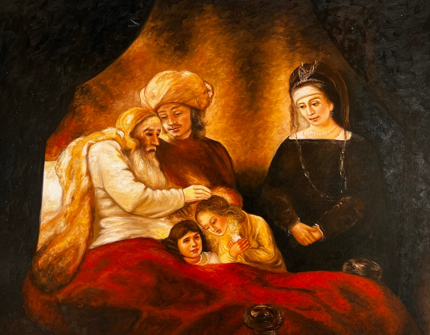 Jacob bénit les enfants de Joseph (d'après Rembrandt van Rijn) – Huile sur toile baroque peinte à la main (64 × 80 cm)