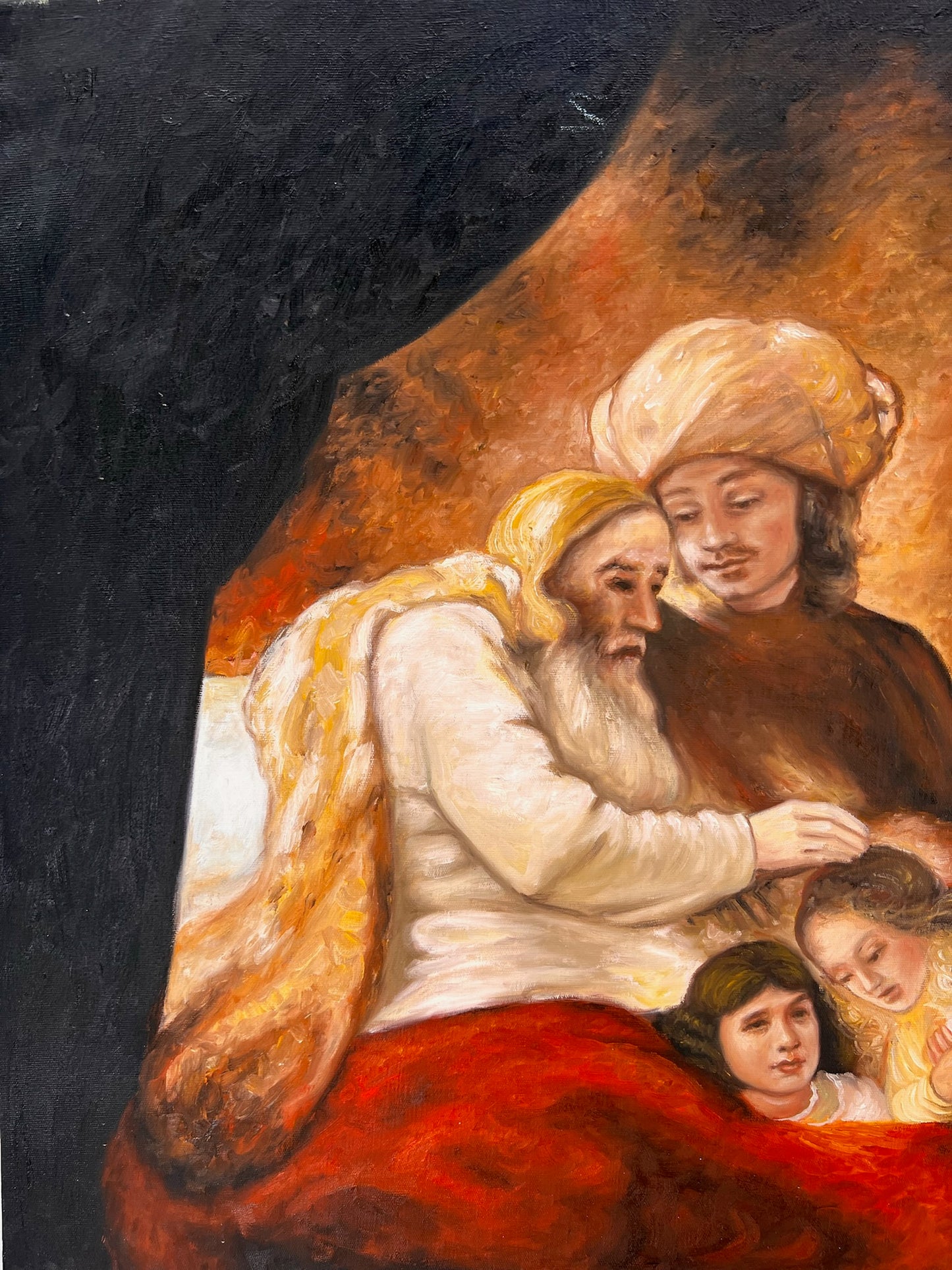 Jacob bénit les enfants de Joseph (d'après Rembrandt van Rijn) – Huile sur toile baroque peinte à la main (64 × 80 cm)