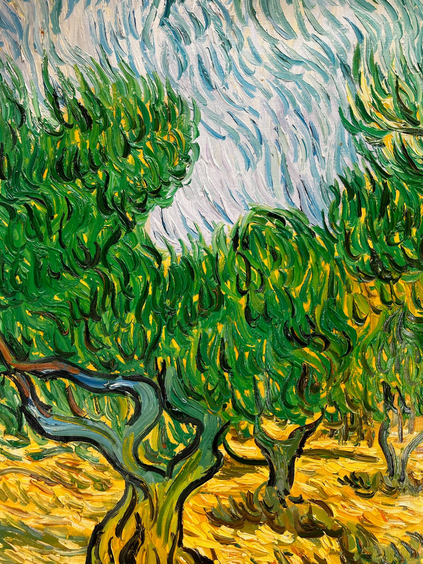 Oliveraie (d'après Vincent van Gogh) – Peinture à l'huile post-impressionniste peinte à la main sur toile (70 × 100 cm)