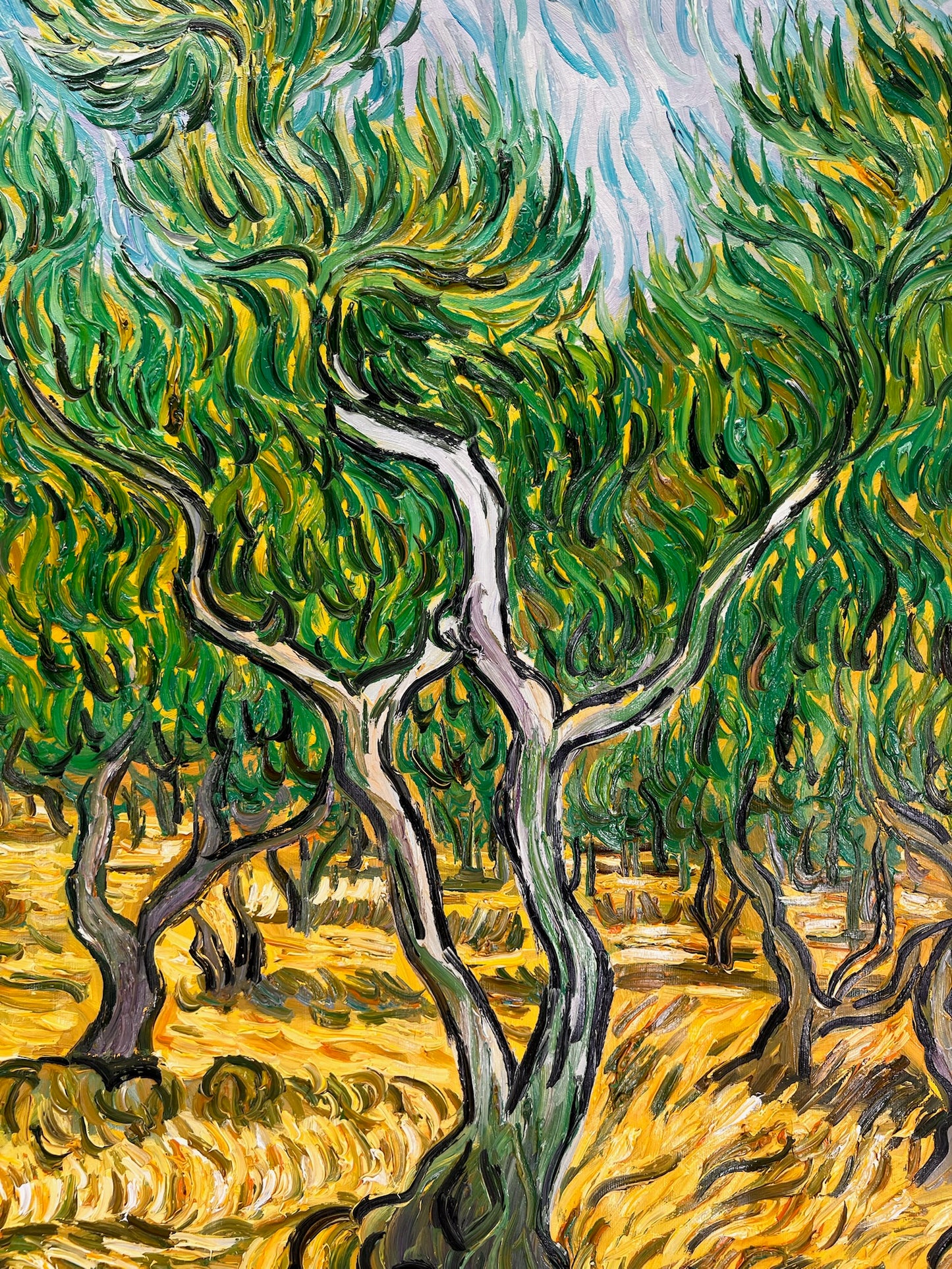 Oliveraie (d'après Vincent van Gogh) – Peinture à l'huile post-impressionniste peinte à la main sur toile (70 × 100 cm)
