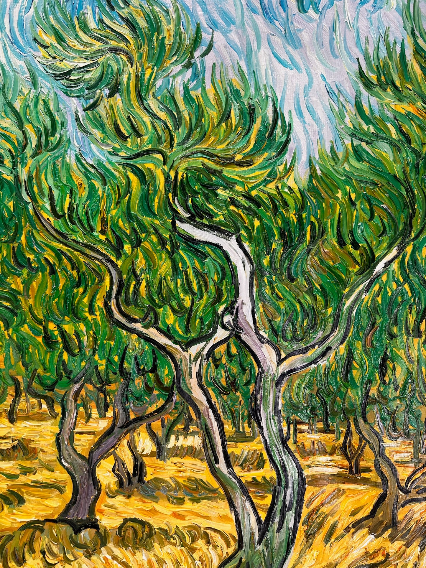 Oliveraie (d'après Vincent van Gogh) – Peinture à l'huile post-impressionniste peinte à la main sur toile (70 × 100 cm)