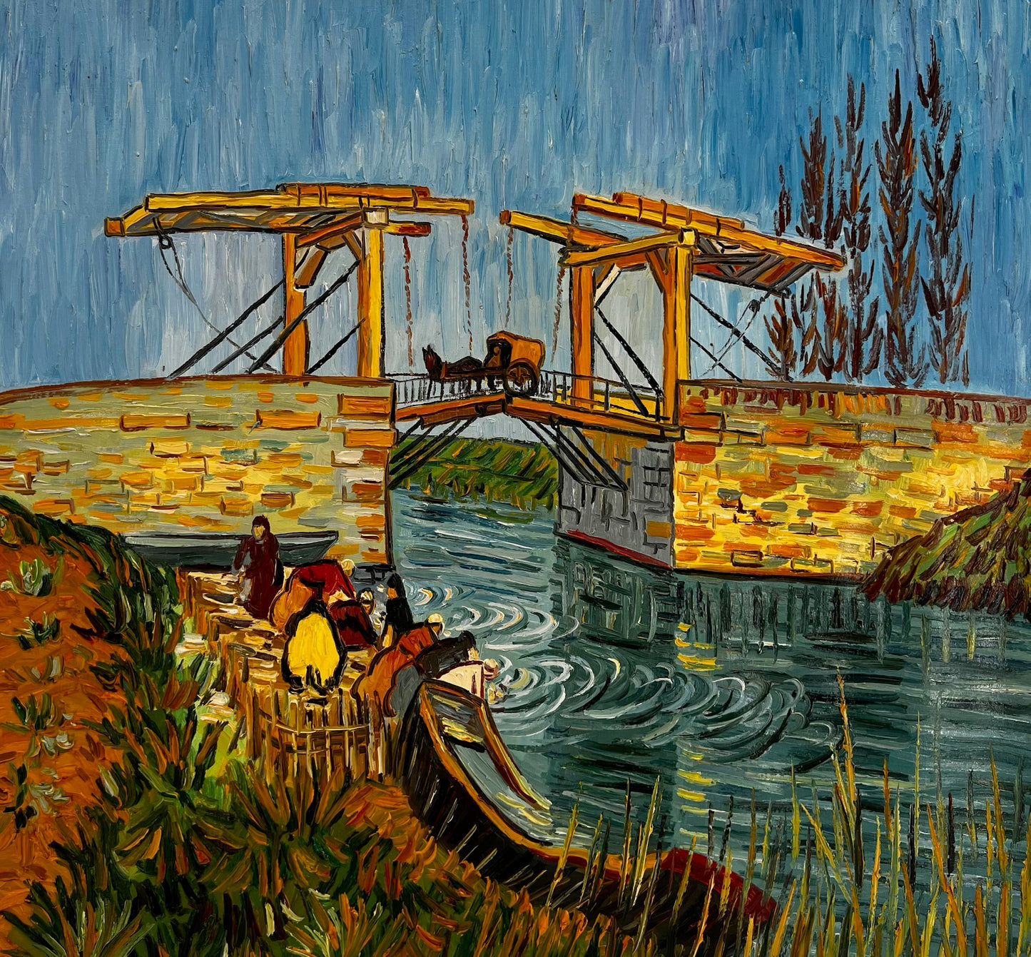 Le Pont Langlois (d'après Vincent van Gogh) – Peinture à l'huile post-impressionniste peinte à la main sur toile (60 × 65 cm)