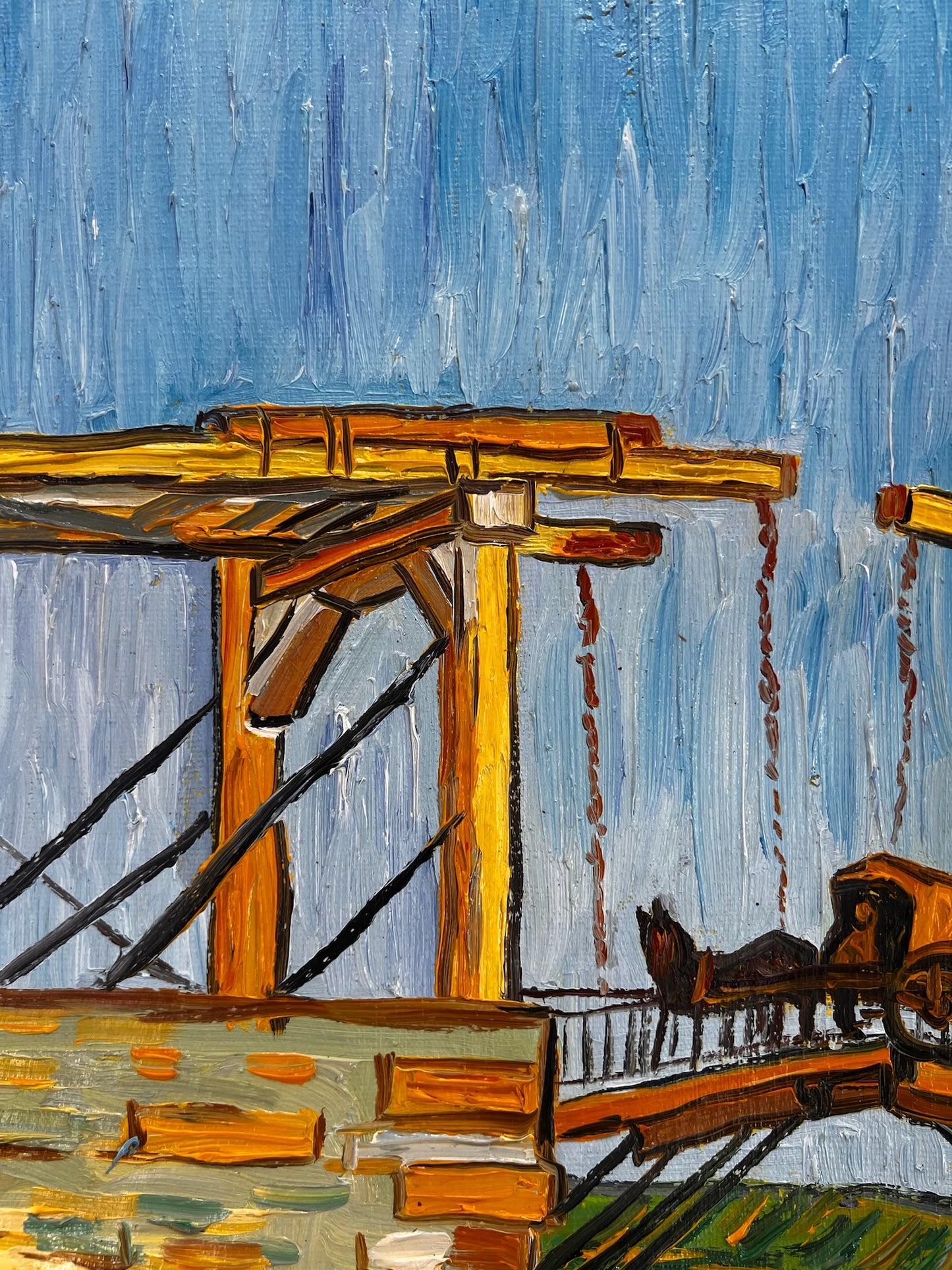 Le Pont Langlois (d'après Vincent van Gogh) – Peinture à l'huile post-impressionniste peinte à la main sur toile (60 × 65 cm)