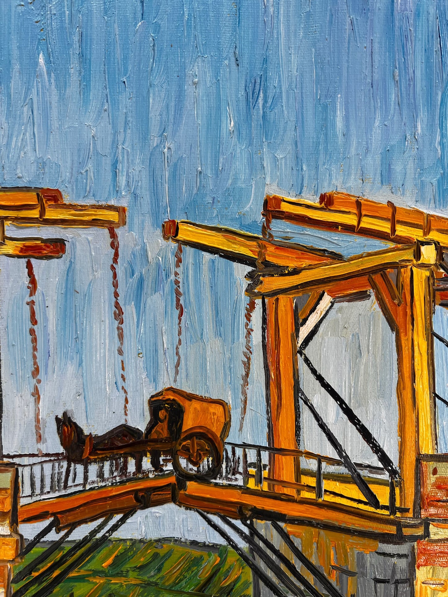 Le Pont Langlois (d'après Vincent van Gogh) – Peinture à l'huile post-impressionniste peinte à la main sur toile (60 × 65 cm)