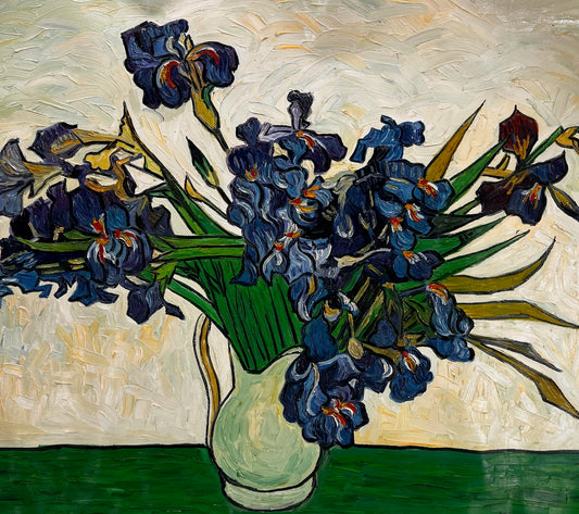 Vase avec des iris (d'après Vincent van Gogh) – Peinture à l'huile post-impressionniste peinte à la main sur toile (73 × 92,5 cm)