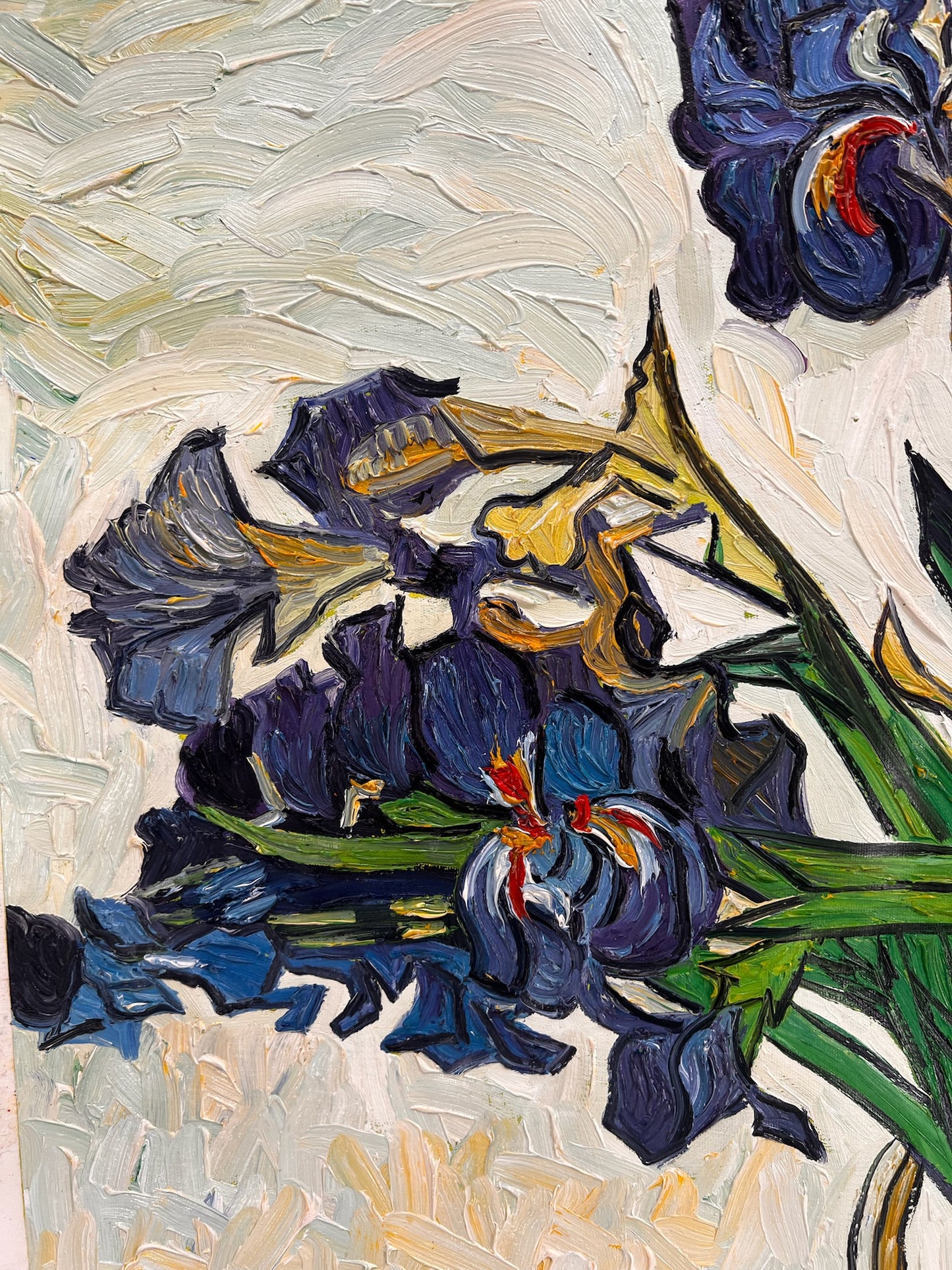 Vase avec des iris (d'après Vincent van Gogh) – Peinture à l'huile post-impressionniste peinte à la main sur toile (73 × 92,5 cm)