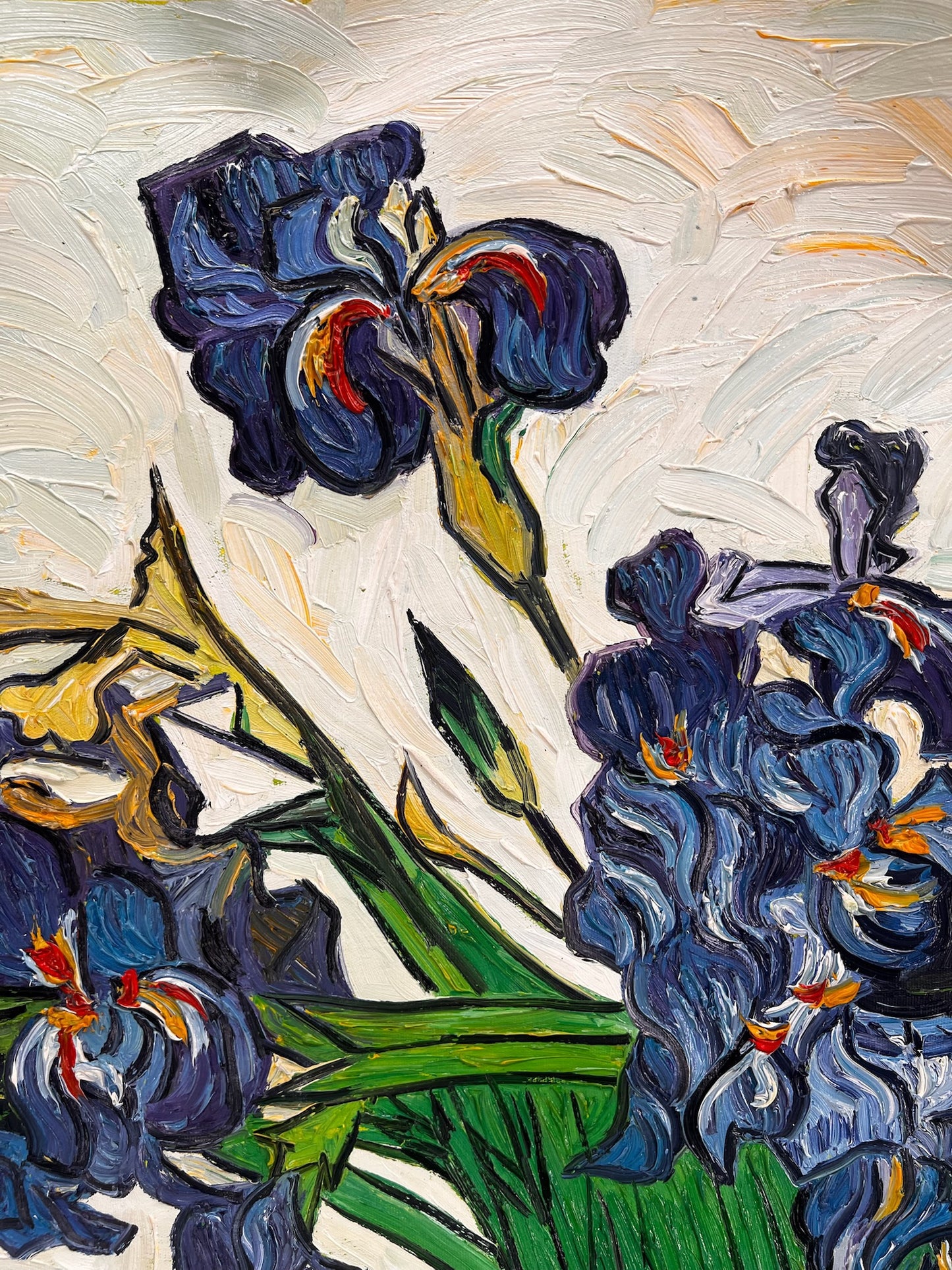 Vase avec des iris (d'après Vincent van Gogh) – Peinture à l'huile post-impressionniste peinte à la main sur toile (73 × 92,5 cm)