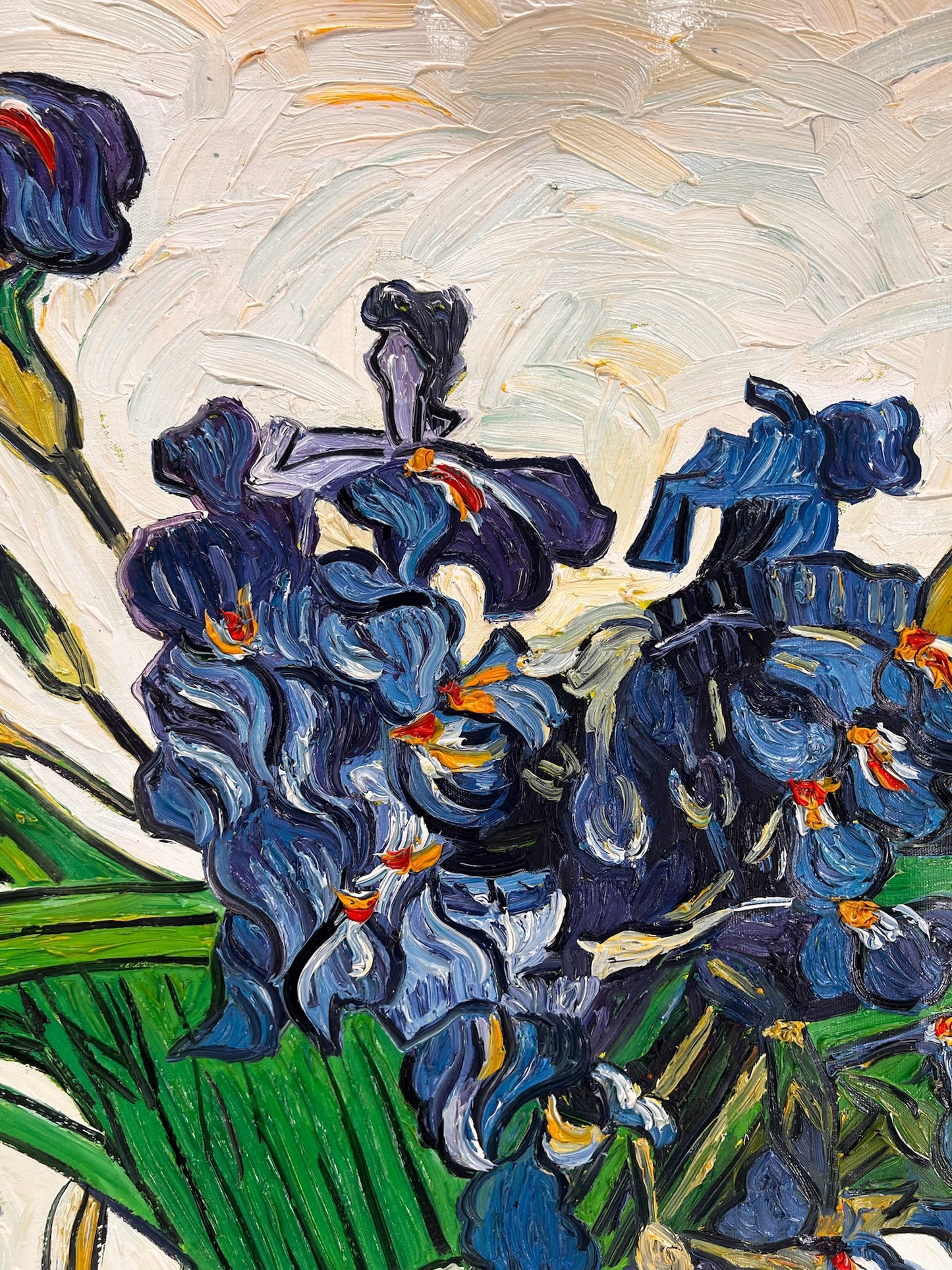 Vase avec des iris (d'après Vincent van Gogh) – Peinture à l'huile post-impressionniste peinte à la main sur toile (73 × 92,5 cm)