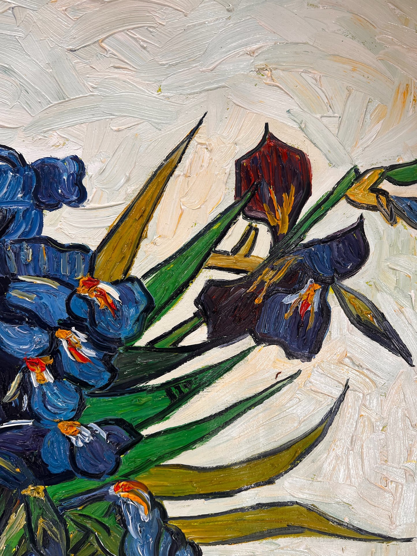 Vase avec des iris (d'après Vincent van Gogh) – Peinture à l'huile post-impressionniste peinte à la main sur toile (73 × 92,5 cm)