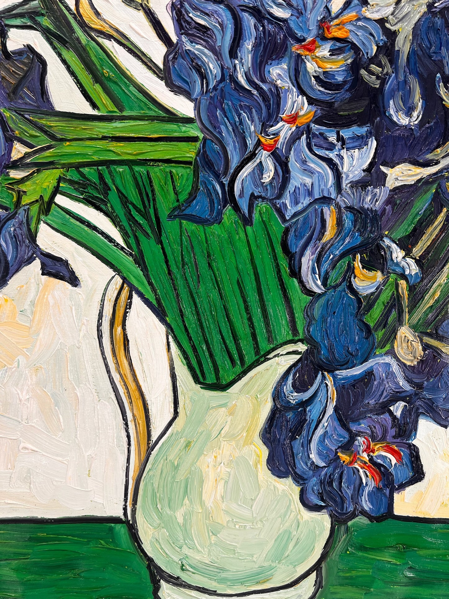 Vase avec des iris (d'après Vincent van Gogh) – Peinture à l'huile post-impressionniste peinte à la main sur toile (73 × 92,5 cm)