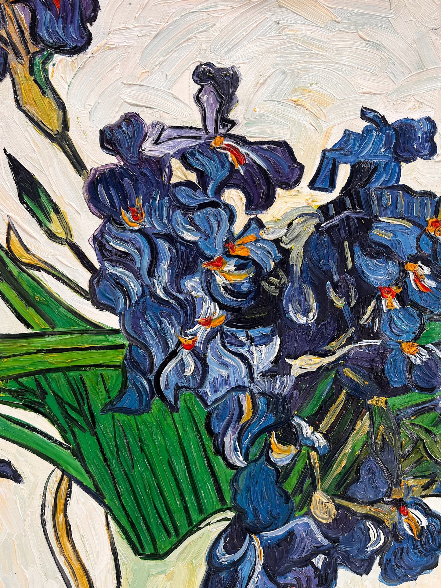 Vase avec des iris (d'après Vincent van Gogh) – Peinture à l'huile post-impressionniste peinte à la main sur toile (73 × 92,5 cm)
