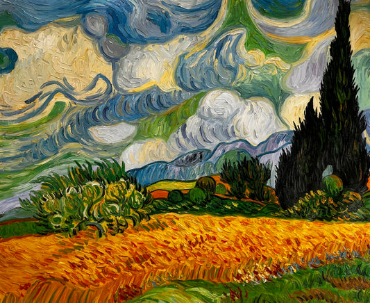 Peinture à la main de Van Gogh Champ de blé avec cyprès : peinture à l'huile post-impressionniste sur toile