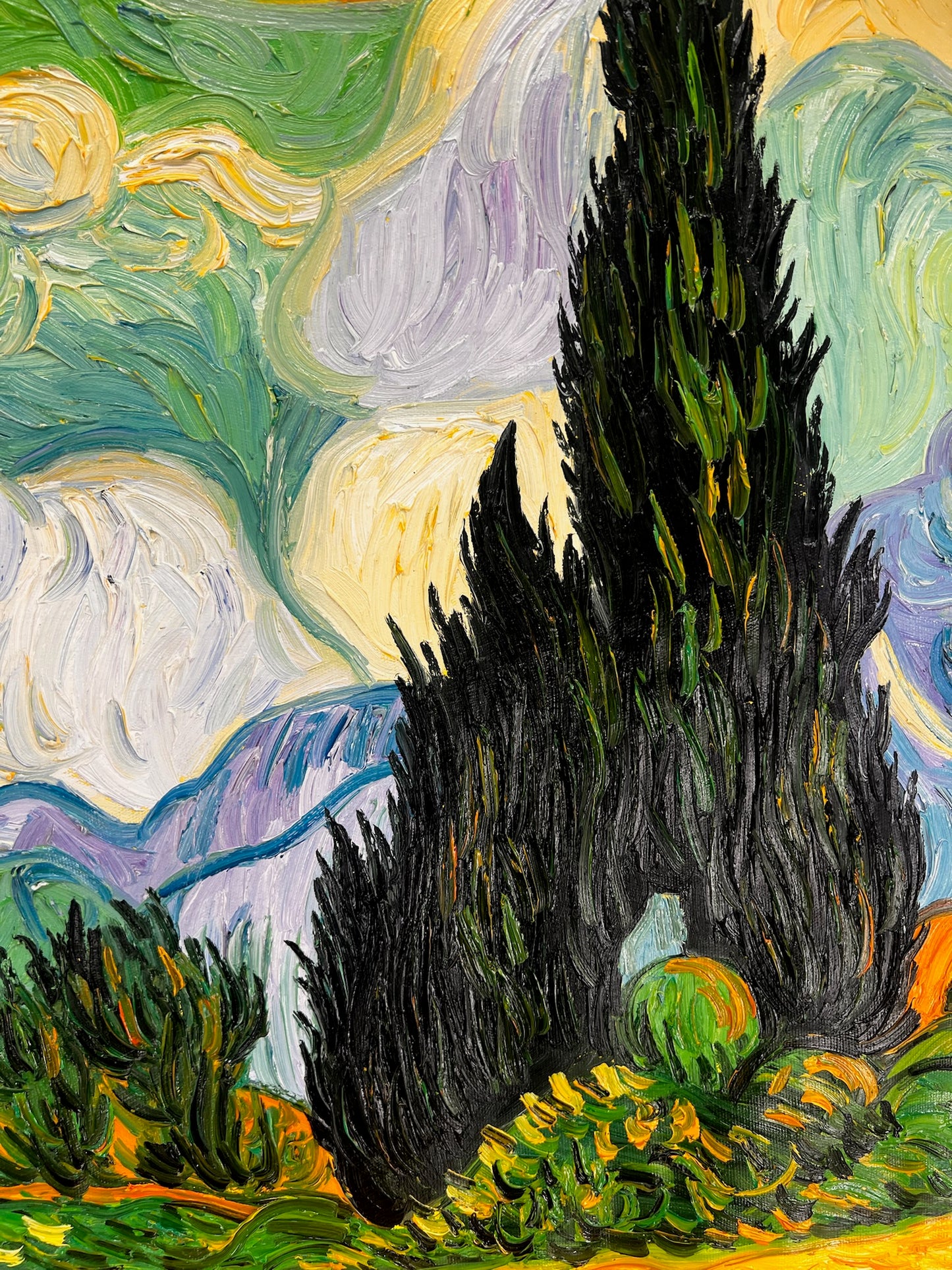 Peinture à la main de Van Gogh Champ de blé avec cyprès : peinture à l'huile post-impressionniste sur toile