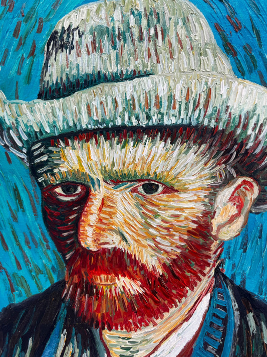 Peinture à l'huile peinte à la main dans le style de Van Gogh : Autoportrait avec chapeau en feutre gris (54 × 65 cm)