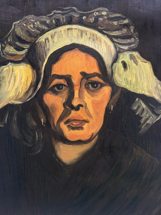 Tête de femme (d'après Vincent van Gogh) – Peinture à l'huile sur toile peinte à la main (42,7 × 33,5 cm)