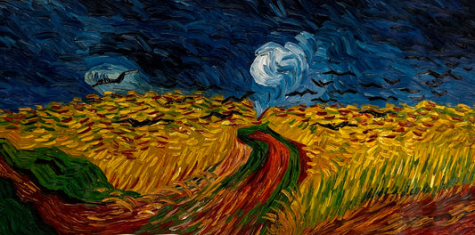 Champ de blé avec corbeaux – Peinture à l'huile expressionniste sur toile (50,5 × 103 cm)
