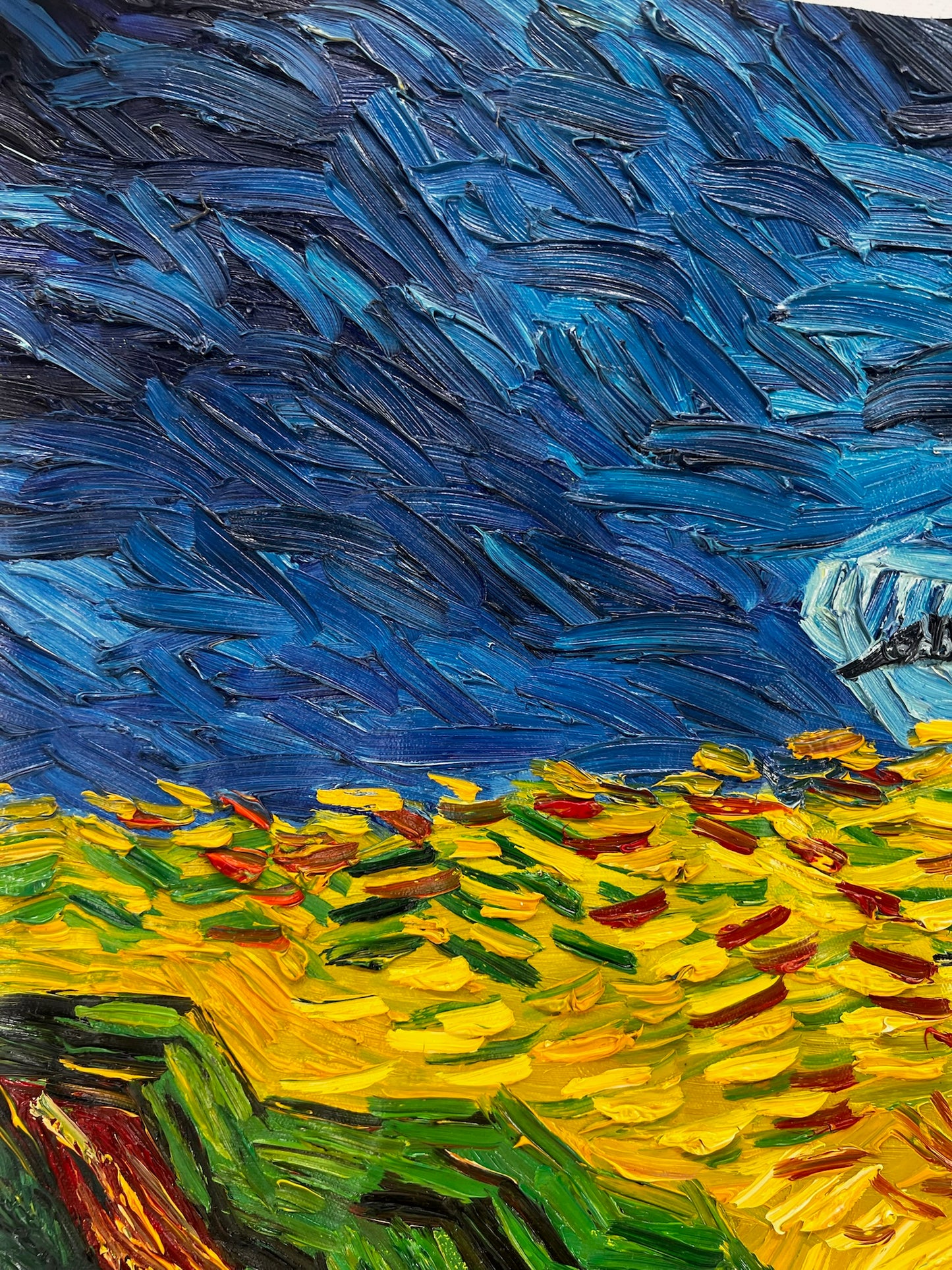 Champ de blé avec corbeaux – Peinture à l'huile expressionniste sur toile (50,5 × 103 cm)