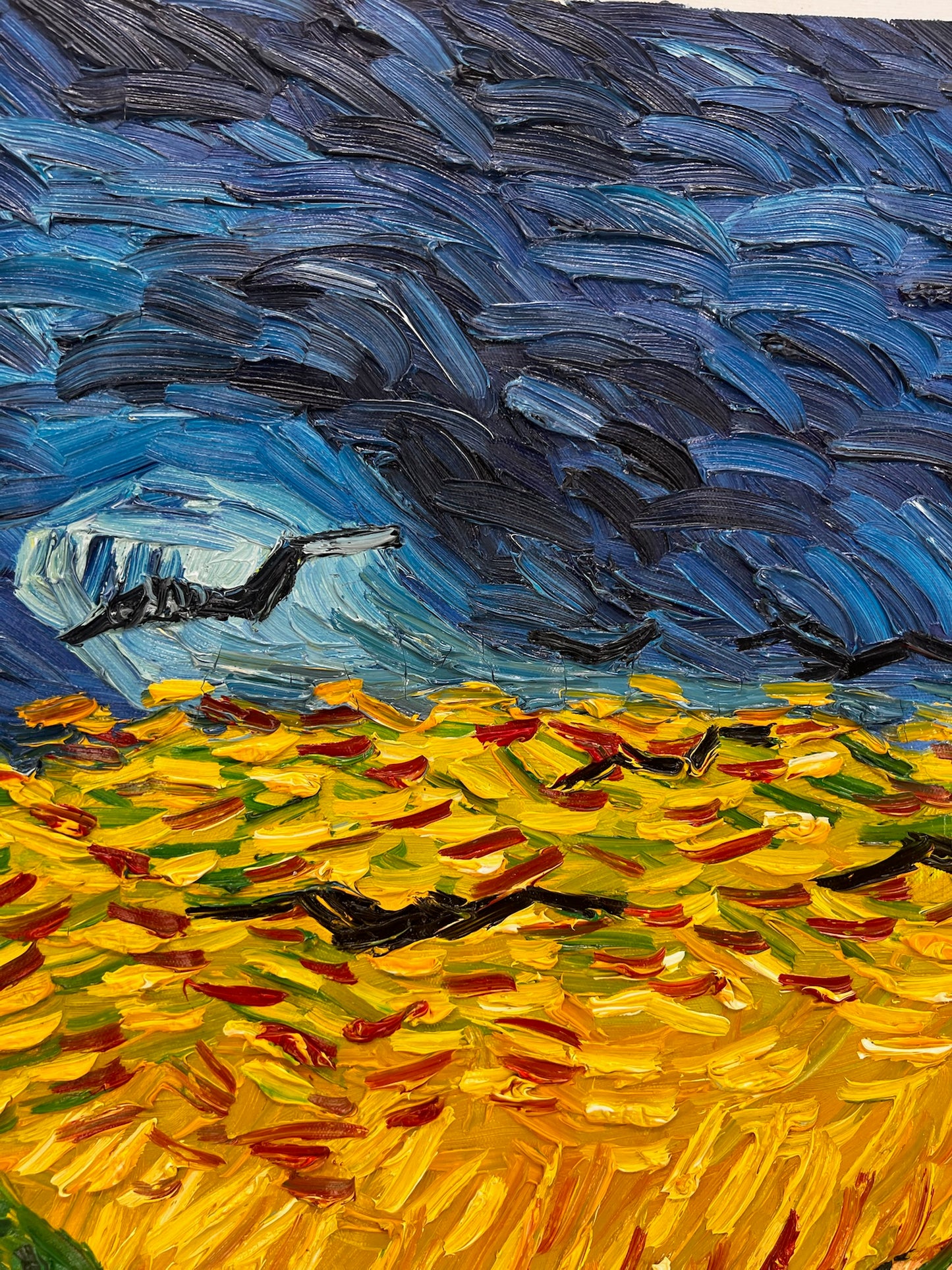 Champ de blé avec corbeaux – Peinture à l'huile expressionniste sur toile (50,5 × 103 cm)