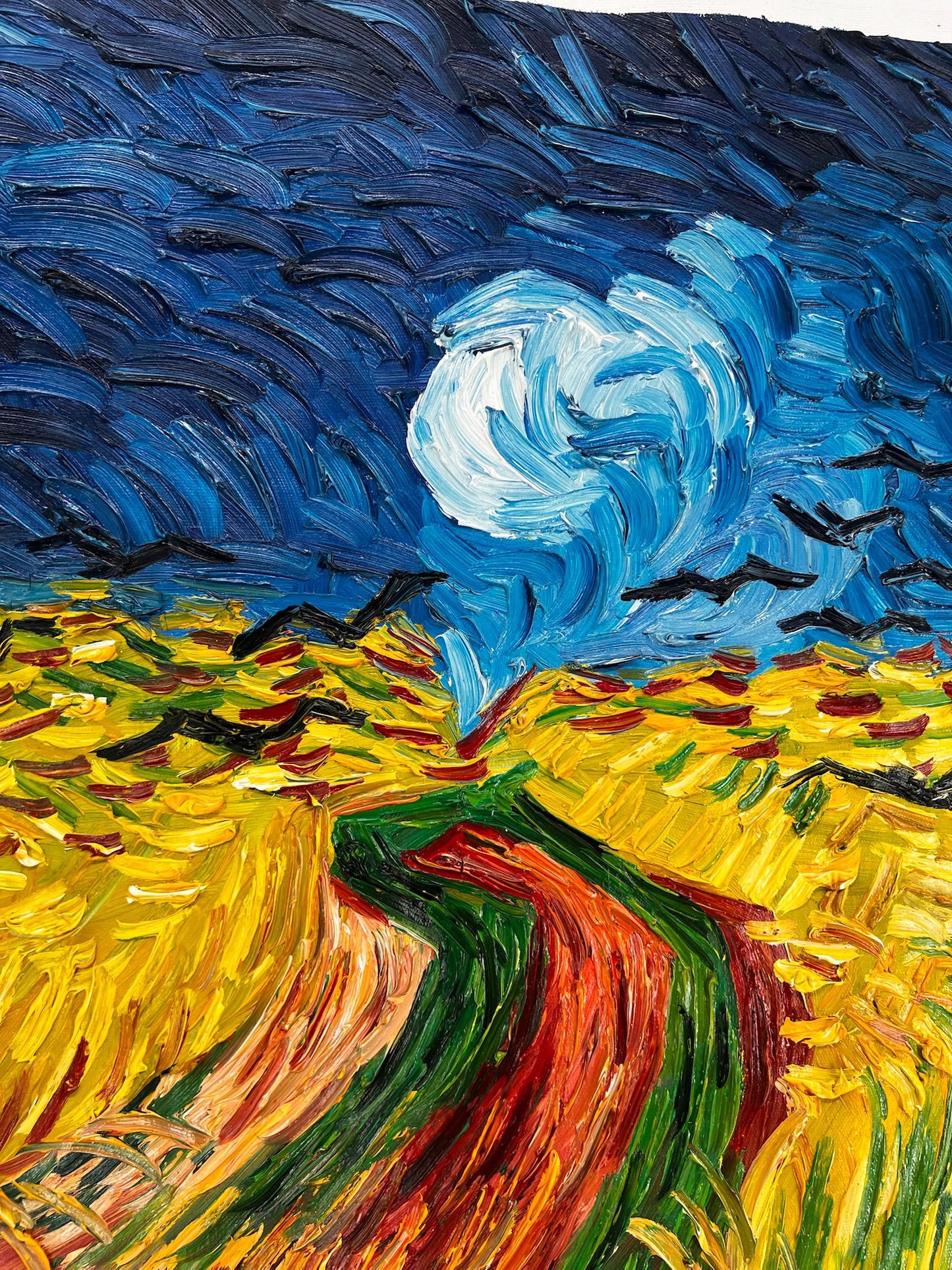 Champ de blé avec corbeaux – Peinture à l'huile expressionniste sur toile (50,5 × 103 cm)