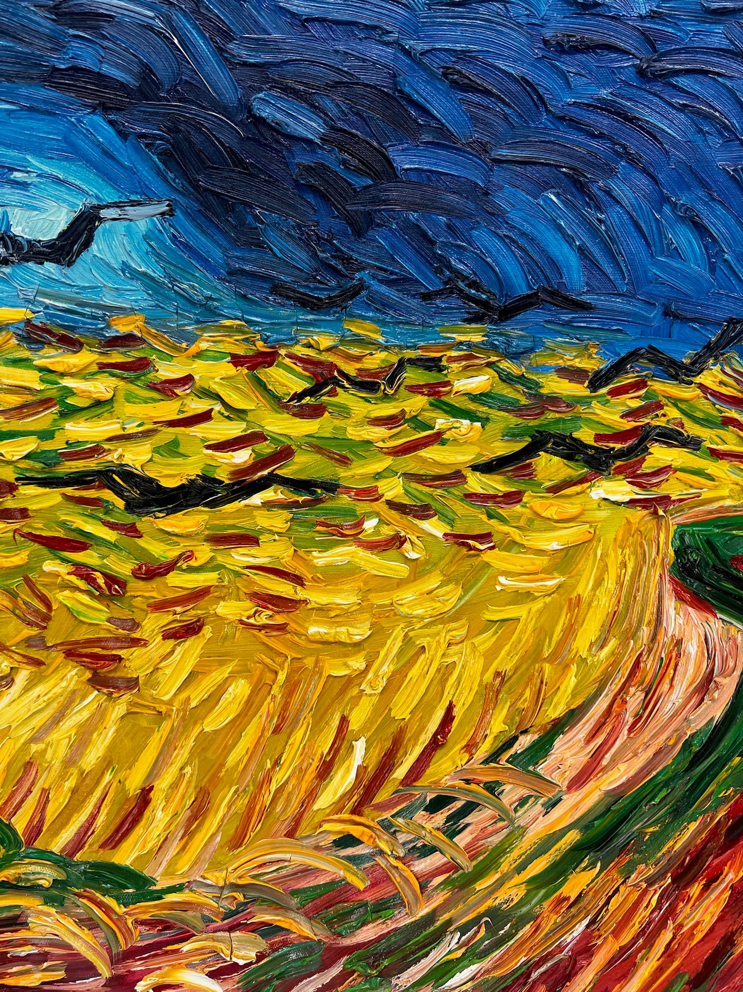 Champ de blé avec corbeaux – Peinture à l'huile expressionniste sur toile (50,5 × 103 cm)