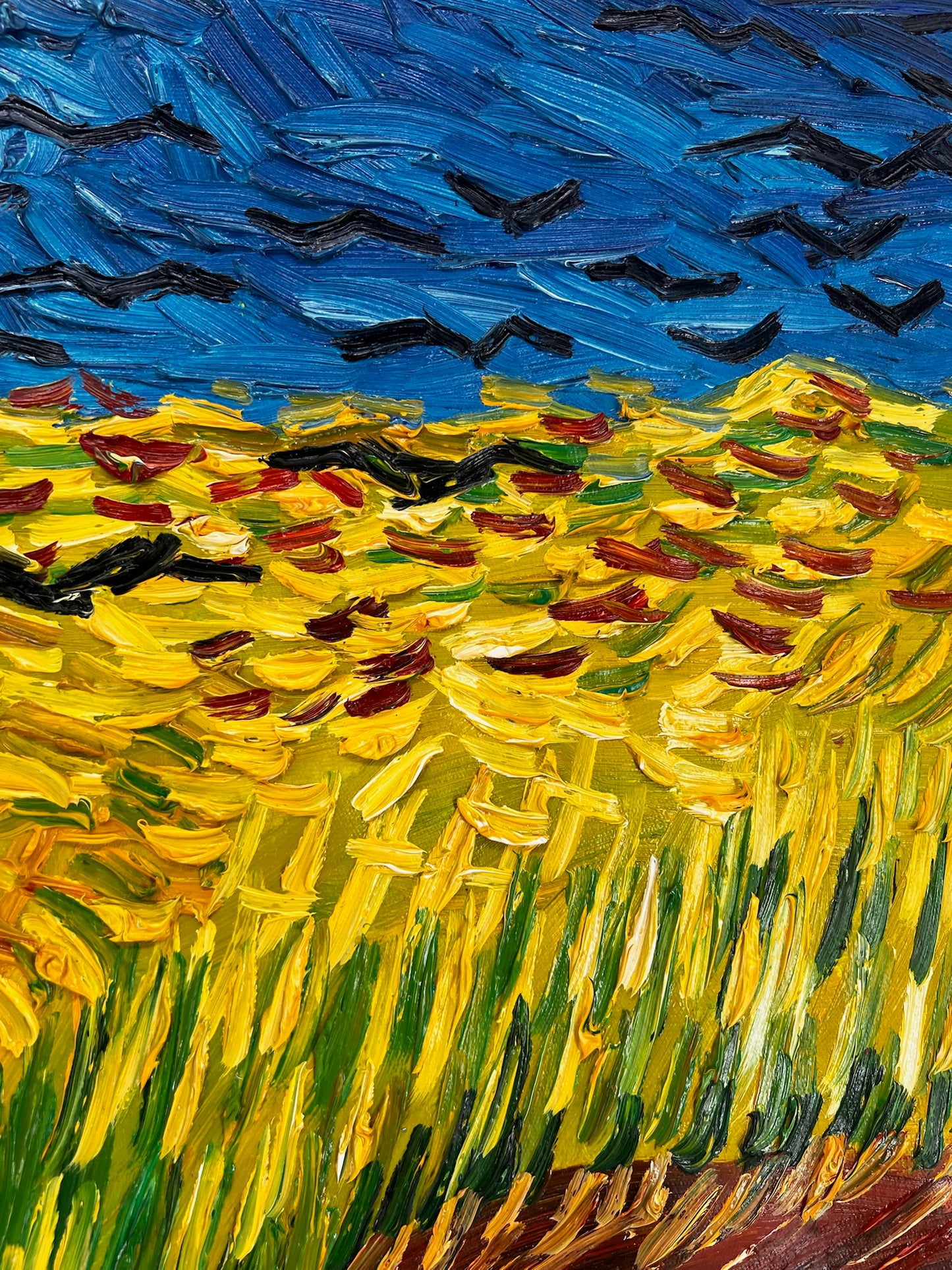 Champ de blé avec corbeaux – Peinture à l'huile expressionniste sur toile (50,5 × 103 cm)