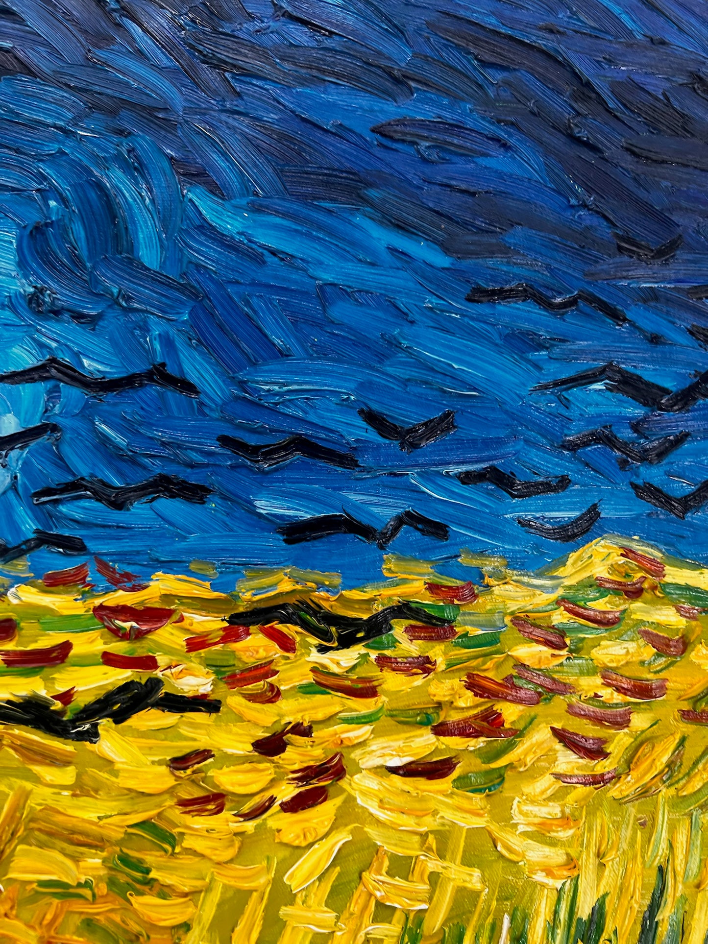Champ de blé avec corbeaux – Peinture à l'huile expressionniste sur toile (50,5 × 103 cm)