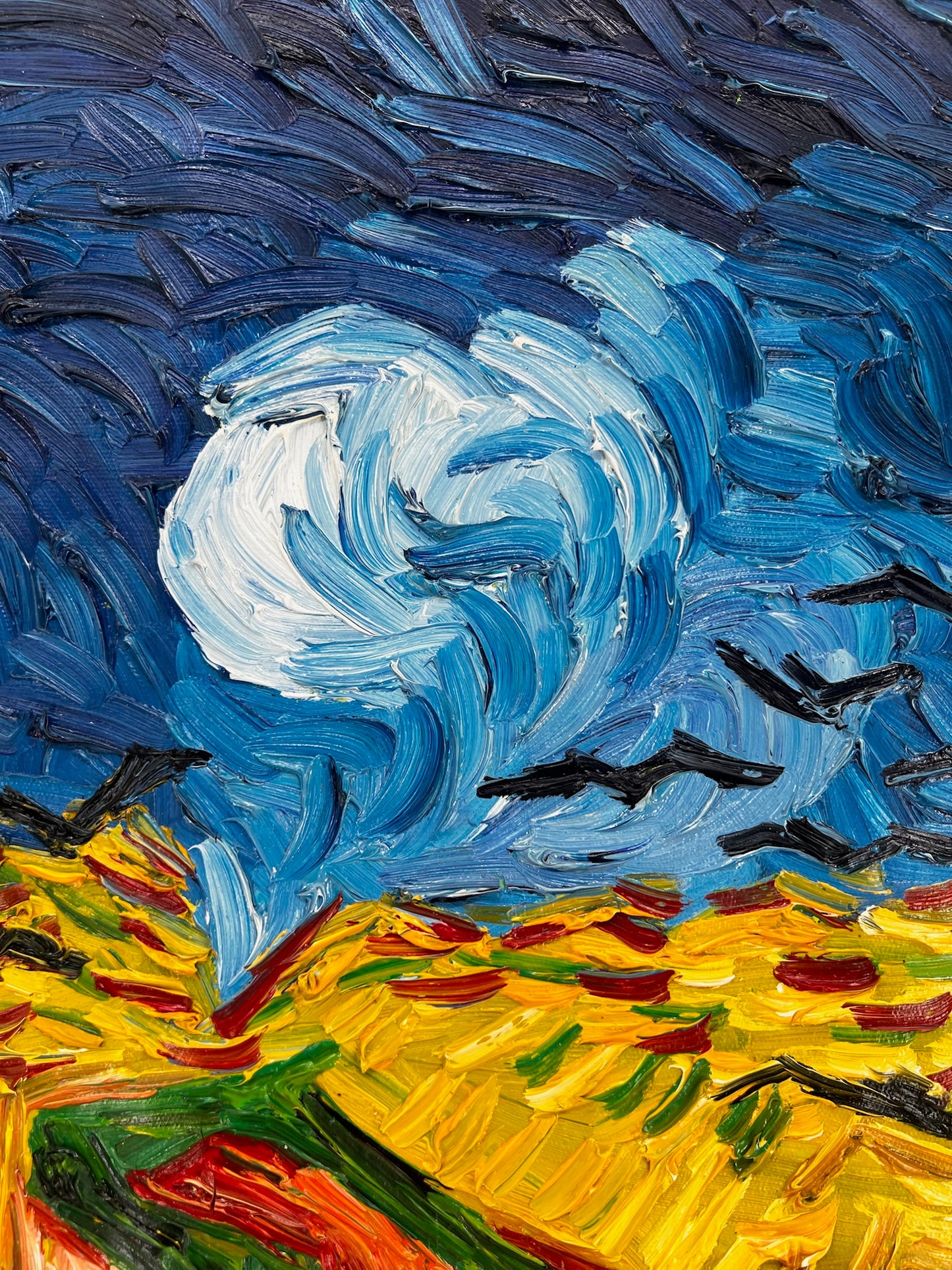 Champ de blé avec corbeaux – Peinture à l'huile expressionniste sur toile (50,5 × 103 cm)