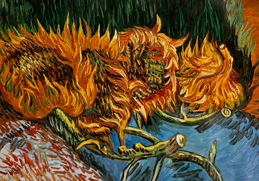 Nature morte avec deux tournesols – Peinture à l'huile post-impressionniste sur toile (43 × 24,5 cm)