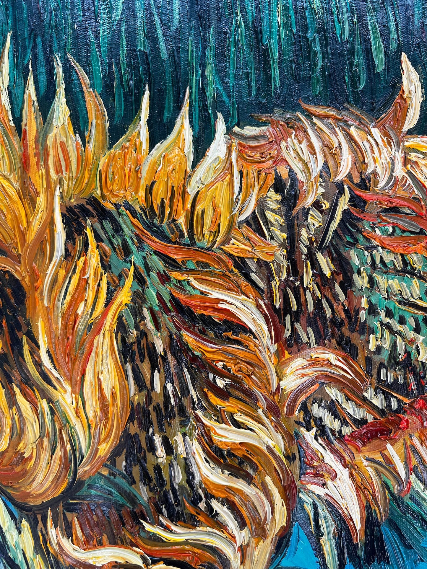 Nature morte avec deux tournesols – Peinture à l'huile post-impressionniste sur toile (43 × 24,5 cm)