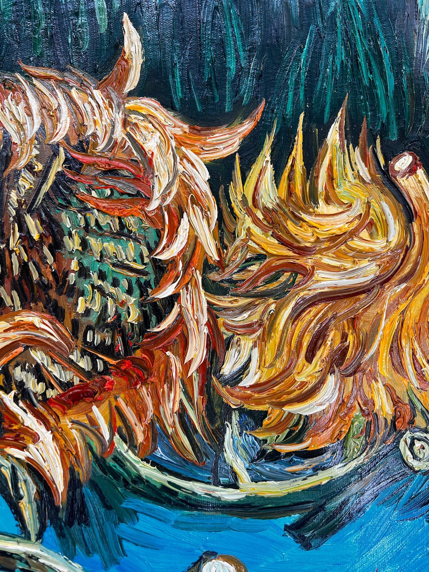 Nature morte avec deux tournesols – Peinture à l'huile post-impressionniste sur toile (43 × 24,5 cm)