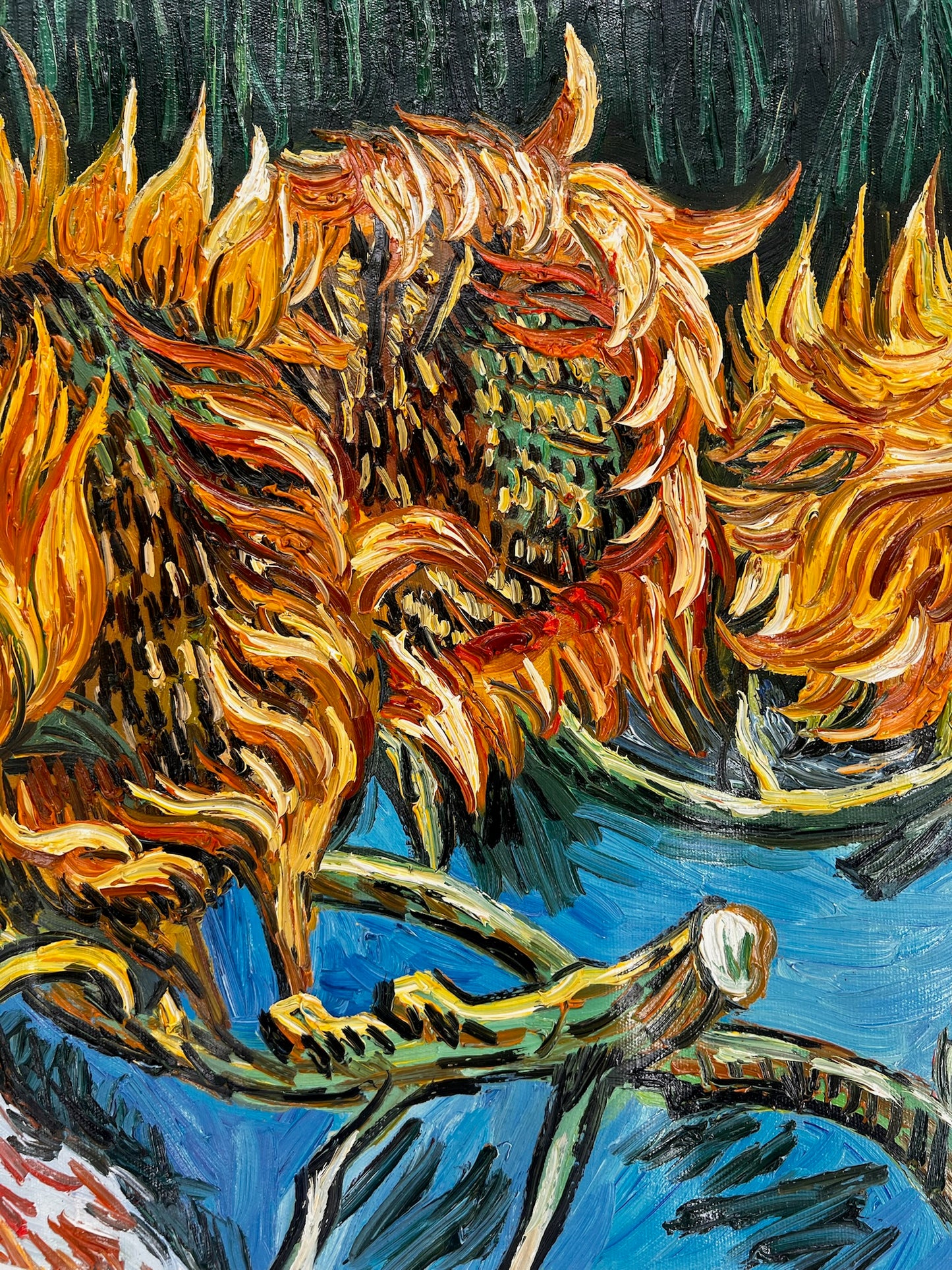 Nature morte avec deux tournesols – Peinture à l'huile post-impressionniste sur toile (43 × 24,5 cm)